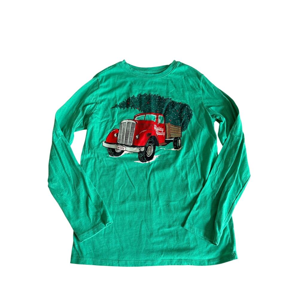 Cat & Jack Boy's Green Christmas Red Truck Long Sleeve Shirt